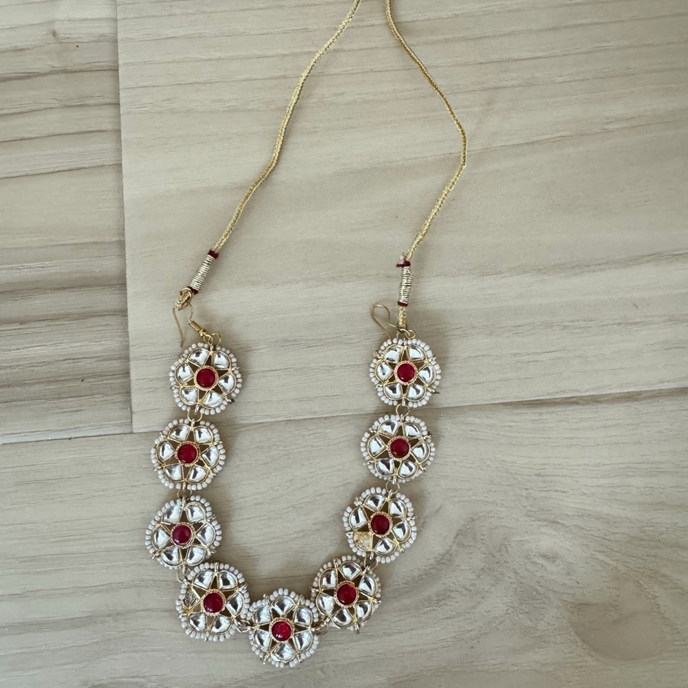 Gold and Red Floral Kundan Necklace - Women Jewelry